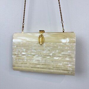 Vintage Acrylic Pearlescent Gold Hardware Mod Deco Crossbody Purse Bag Clutch